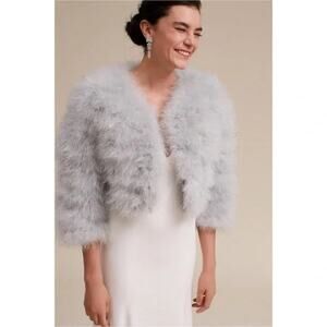 BHLDN Jocelyn Real Feather Wedding Shrug – Ice Gray, Size Medium (NWT)